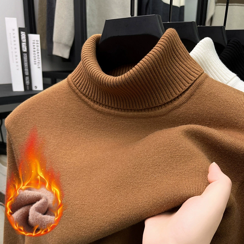 Зимний воротник повседневный вязаный нижний свитер мужской 2024 новый сплошной цвет бархат утолщение теплый свитер мужской