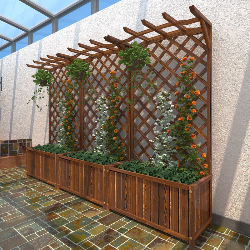 防腐木花架阳台实木种植箱户外木花盆庭院装饰隔断花箱网格爬藤架|ms