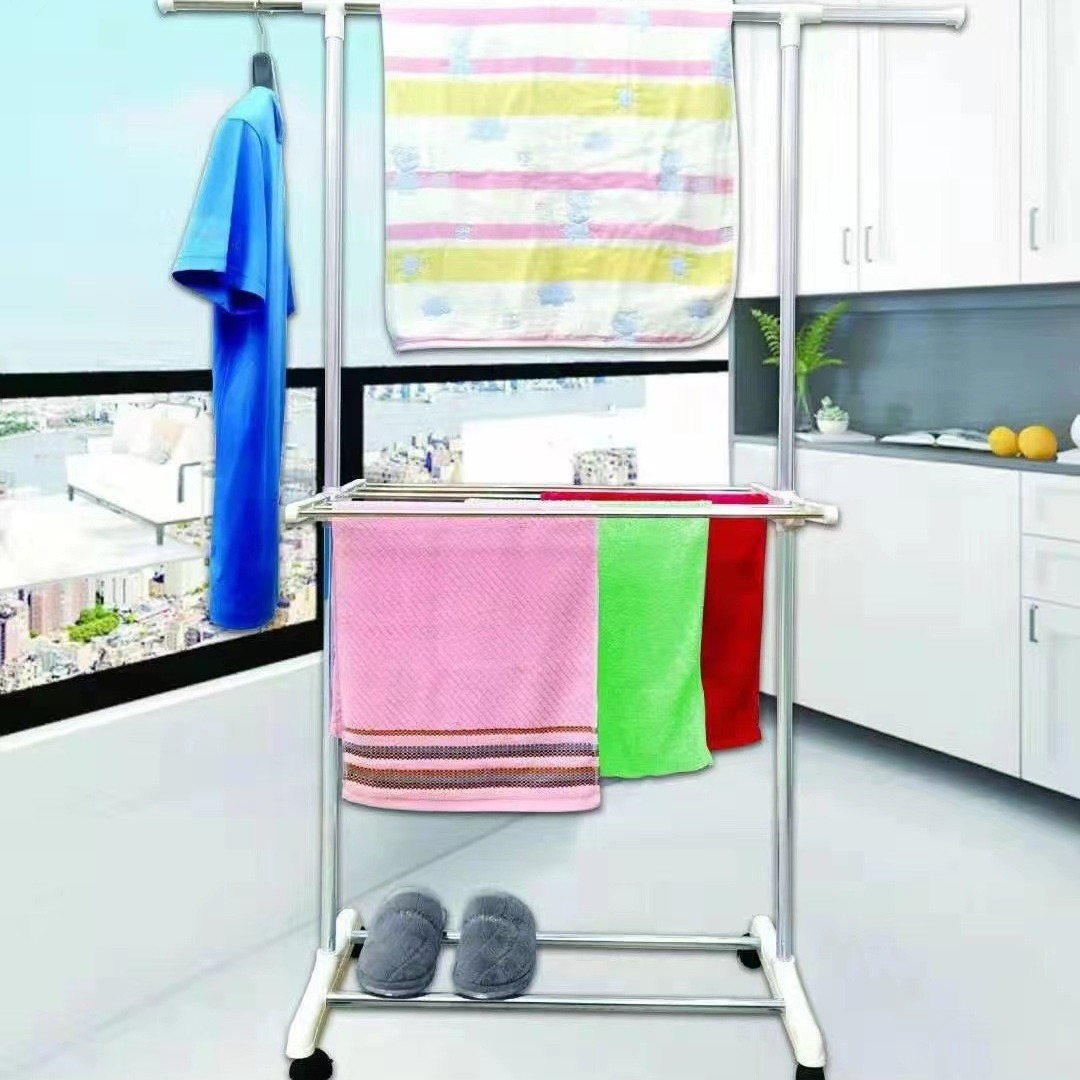 Manufacturer Wholesale Stainless Steel Mobile Clothes Drying Rack Single Pole Double Pole Clothes Rack with Floor-Standing Wheels Indoor Clothes Hanger