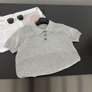 Children's Solid Color Knit Sweater, Thin Hollow-Out Collar, Casual Versatile Top, Fashionable Ice Silk Korean Style Shirt Trend