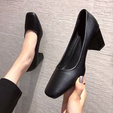 高跟单鞋女方头粗跟玛丽珍皮鞋2023秋新款韩版7cm舒适软皮工作鞋