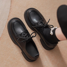 黑色JK小皮鞋女2024年新款英伦风系带单鞋配裙子粗跟厚底乐福鞋子