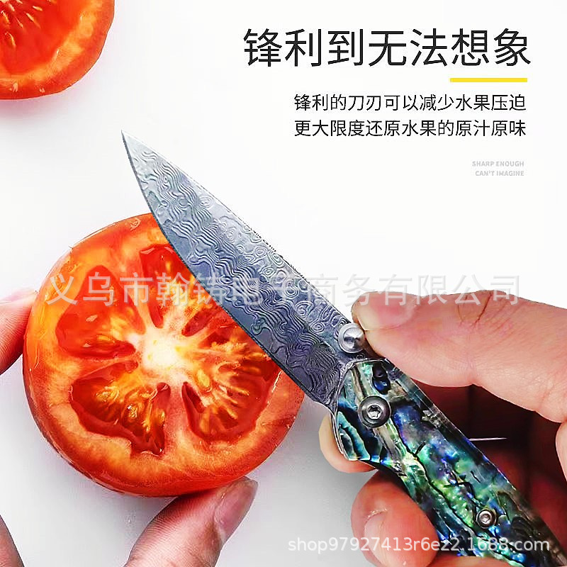 厂家直供大马士革花纹贝壳折叠刀高硬度锋利水果刀户外野营防身刀