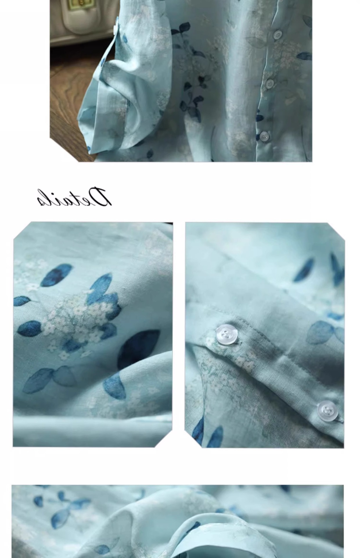 Áo sơ mi cotton in họa tiết tay lỡ nữ kiểu Chanel tôn dáng — Màu xanh da trời chi tiết 16