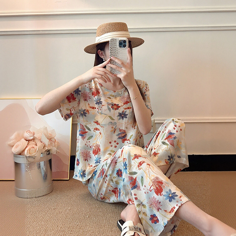 Cotton Short-Sleeved T-Shirt and Wide-Leg Pants Set for Women, Summer Outerwear, Large Size Artificial Cotton Home Pajamas and Sleep Pants Two-Piece Set