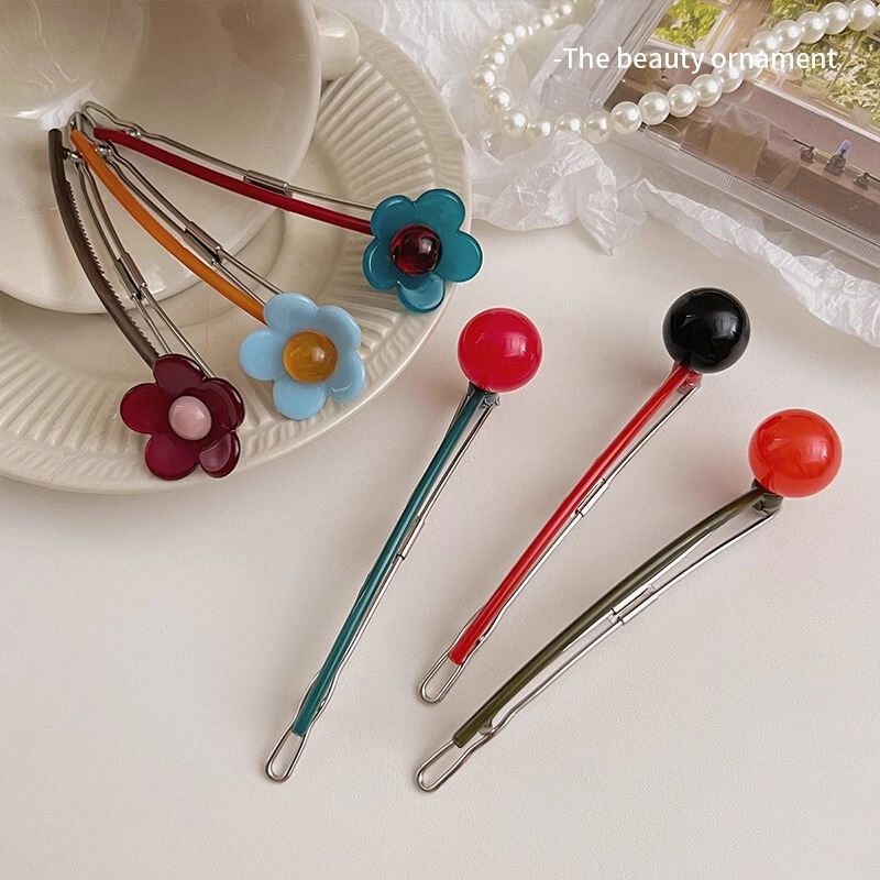 Candy Color Flower Bead One-character Clip Women's 2025 New Hairpin Back of Head Half-tied Frog Buckle Hairpin