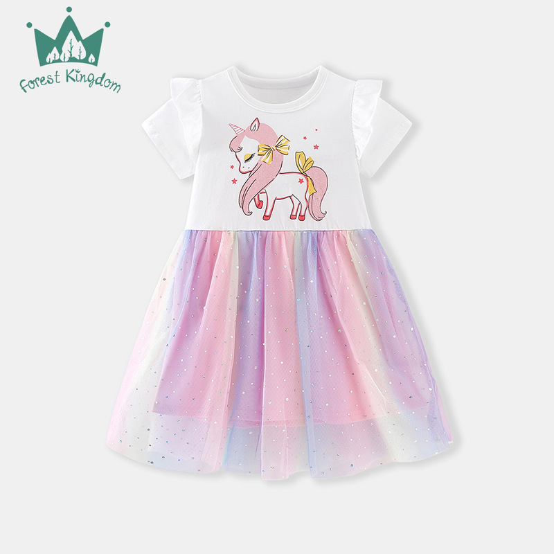 European and American Style 26-Year Spring/Summer Children's Short-Sleeve Mesh Dress for Girls, Cute Unicorn Print, Round Neck Children's Dress, in Stock