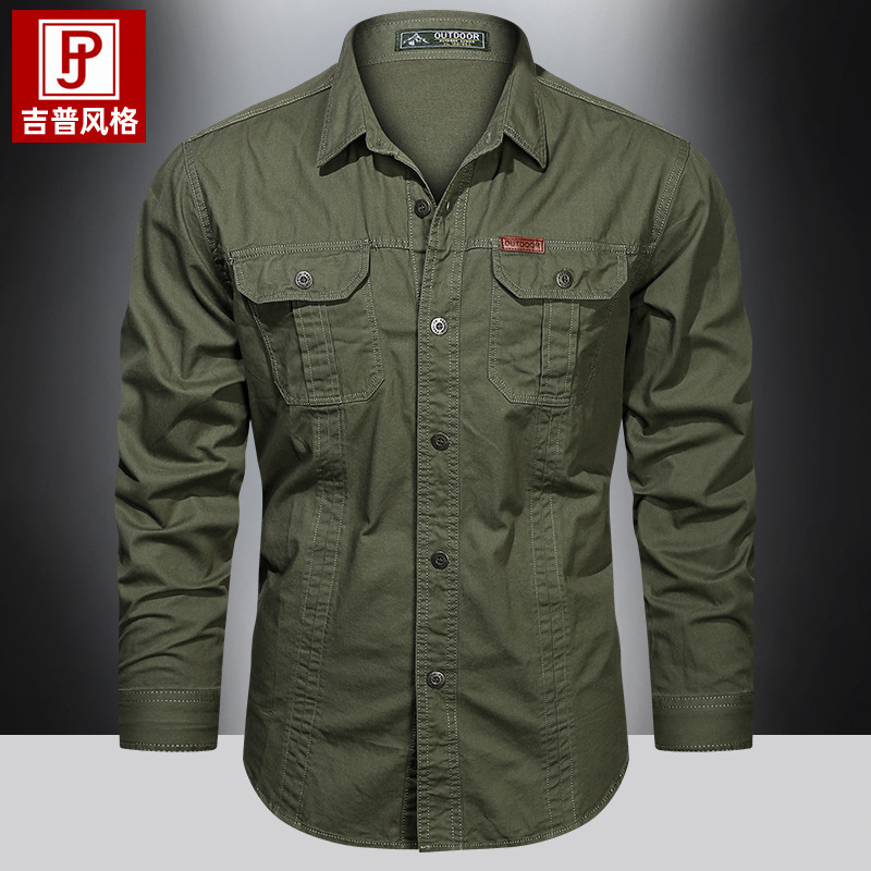 Spring and Autumn Cargo Long-sleeved Shirt Men's Work Clothes Cotton Casual Loose Shirt Outdoor All-match Men's Washed Shirt Trendy Spring and Autumn Cargo Long-sleeved Shirt Men's Work Clothes Cotton Casual Loose Shirt Outdoor All-match Men's Washed Shirt Trendy