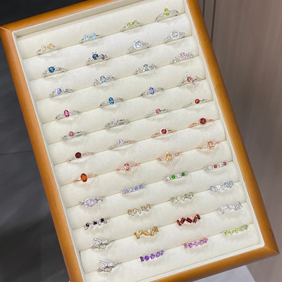 s925 sterling silver natural colored gems zircon japanese ring female non-fading niche high-grade light luxury open ring fashion