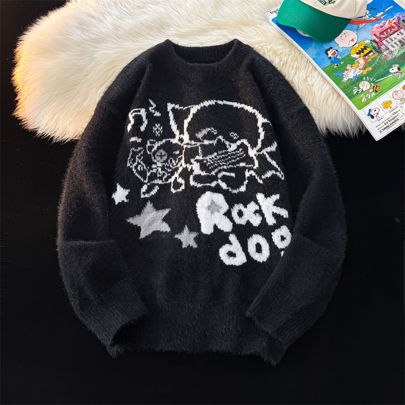 2025 New Cartoon Rock Puppy Round Neck Soft and Cute Sweater Couple Warm Personalized Men's and Women's Sweater