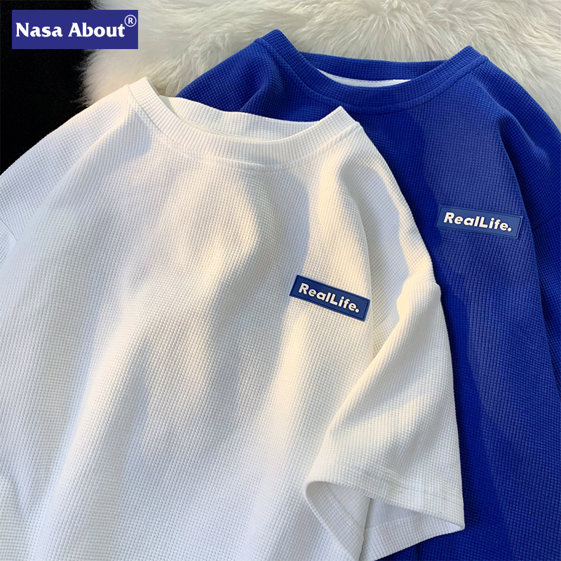 NASA Short-sleeved T-shirt Men's Summer Ice Silk Thin Ins Trendy Loose T-shirt Heavy Waffle Couple Half-sleeved
