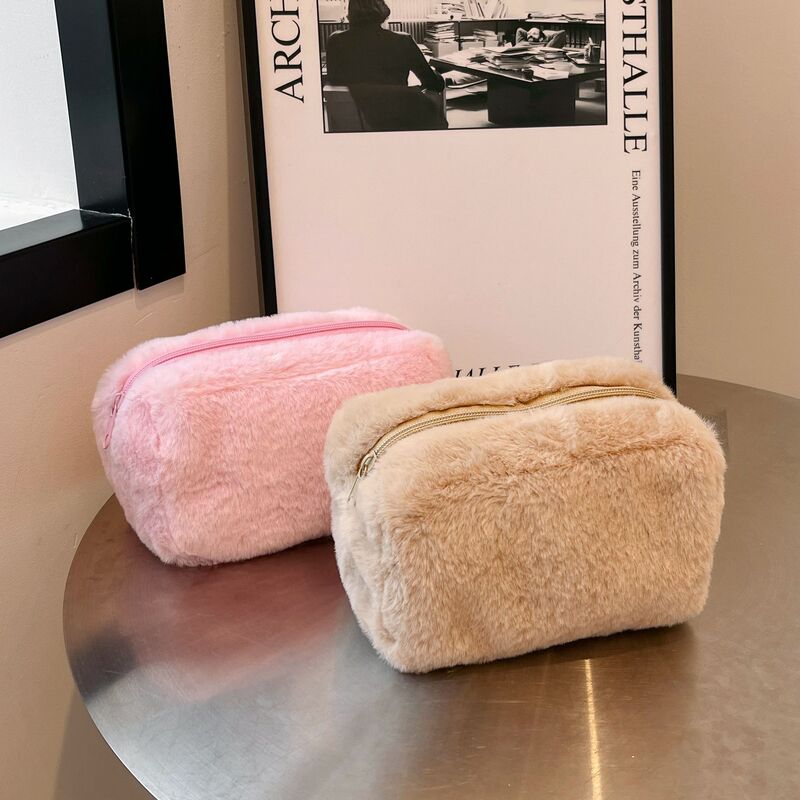 Ins Girl's Solid Color New Plush Pencil Bag Handbag Candy Color Portable Sweet Soft Waxy Cosmetic Bag Pencil Bag