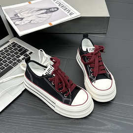 6673 厚底帆布鞋女圆头小白鞋百搭薄款ins学院系带2025夏季新款