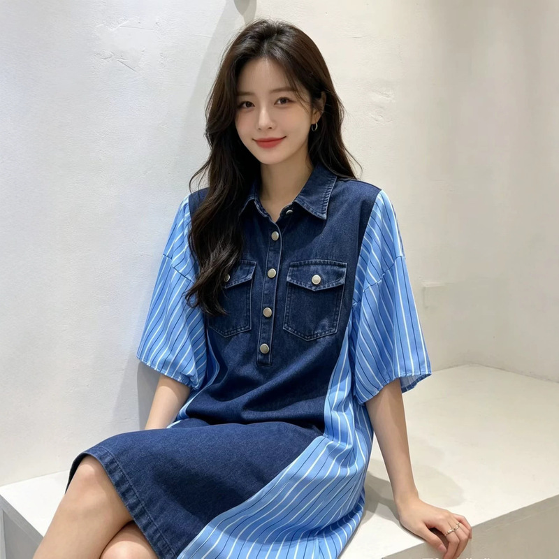 2026 Summer Korean Style Denim Patchwork Shirt Dress for Women, Loose Fit, Slimming, Striped Plaid Color-Block Casual Dress