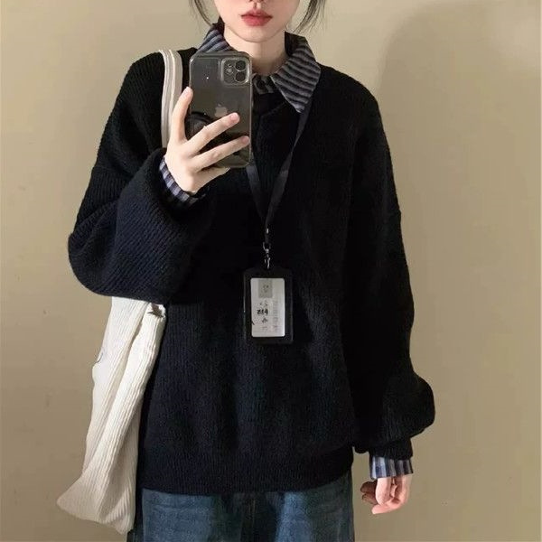 黑色宽松毛衣女2025秋冬新款慵懒感百搭韩系polo领针织衫厚款上衣|undefined