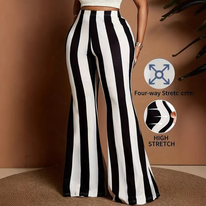 Cross-Border Women's Fashion New Plus-Size 2026 Amazon European and American Foreign Trade Fashion Elastic Flared Pants Striped Casual Long Pants