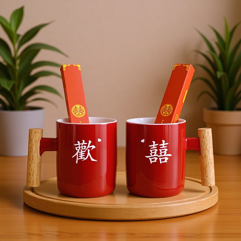 Wedding Wash Cup Set, a Pair of Red Ceramic Mouthwash Cups for Newlyweds, Custom Logo
