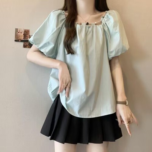 Design Sense Beaded Blue Bubble Sleeve Splicing Short Sleeve Shirt Women 2025 Summer New Arrival Korean Version Elegant & Slimming Top