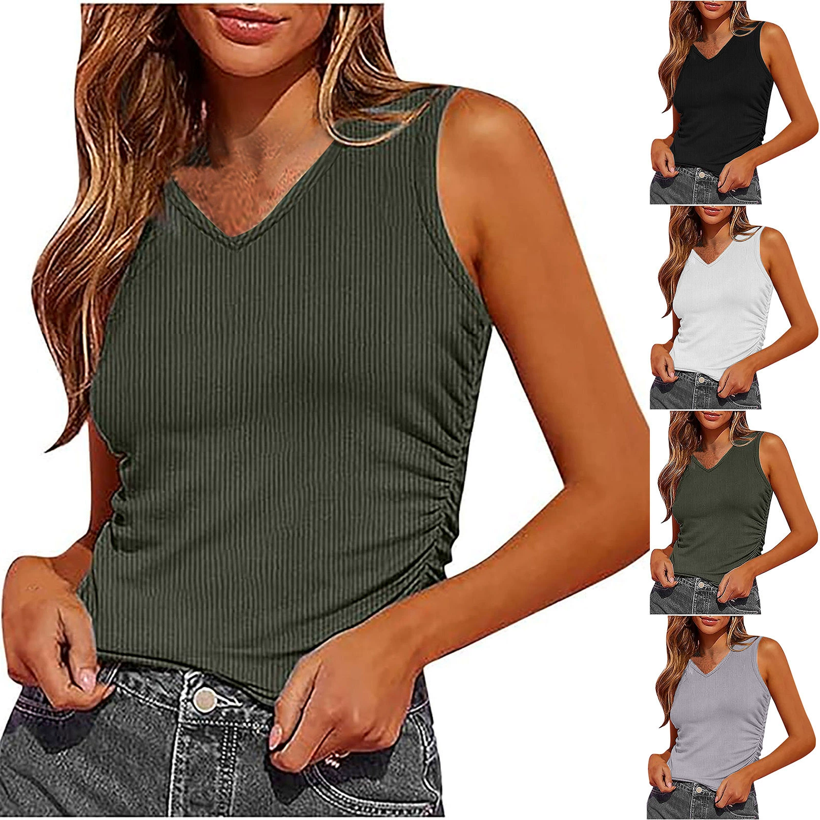 2024 Amazon новый весенний летний женский без рукавов речатый вязаный узкие боковые плиссировки сплошной цвет V-образный воротник жилет T