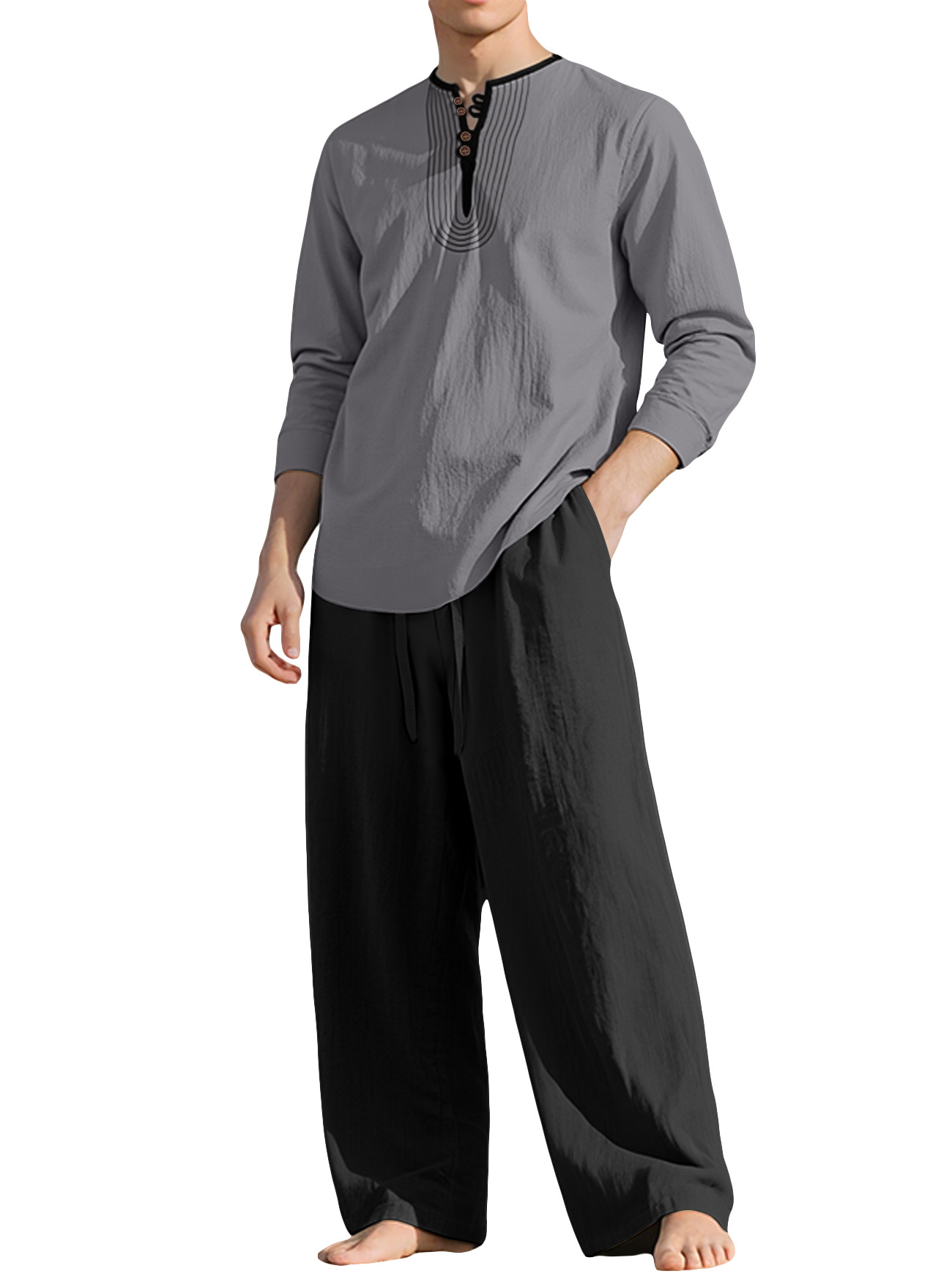 26 fábrica transfronteriza americana cuatro estaciones lino hombre relajado transpirable manga larga camisa de playa set en stock