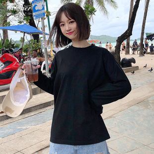 230g inner lap heavy weight bottoming shirt cotton long sleeve T-shirt pure white men's and women's round neck foreign style printed