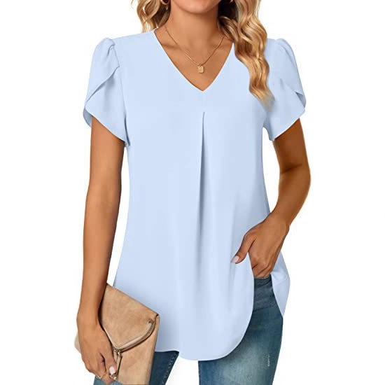 2023 estación independiente deseo Amazon popular verano simple mujer cuello en V pétalo manga camisa de las mujeres