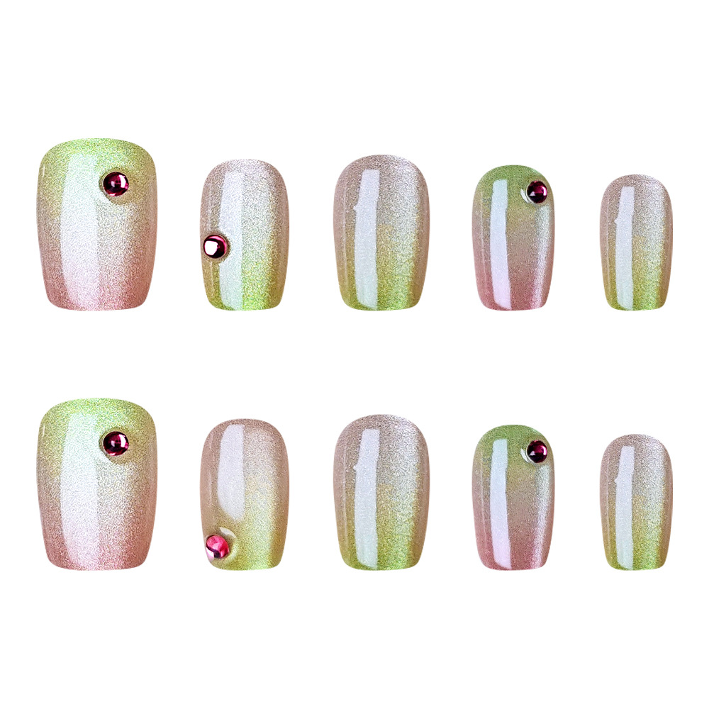 Exquisito parche de uñas con incrustaciones de diamantes, uñas cortas de brillo de ensueño, 10 piezas, uñas de uñas de ojos de gato de código dividido