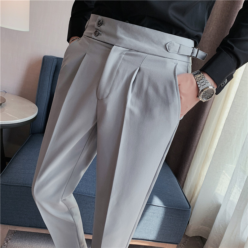 Pantalones de traje de los hombres naples italianos pantalones de cintura alta pantalones de los hombres de otoño e invierno teñido de hilo oscuro a rayas de calidad pantalones casuales