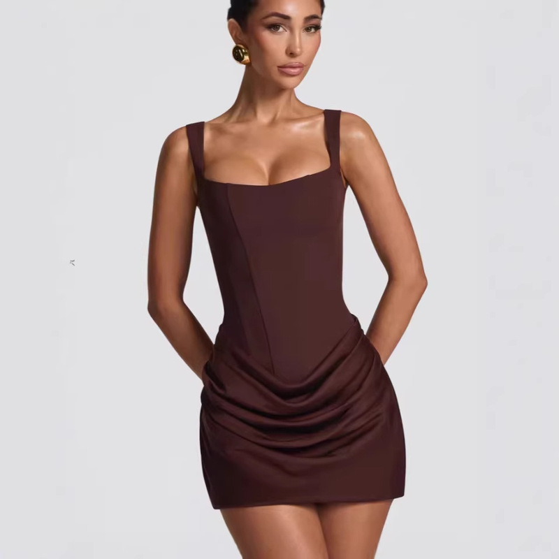Amazon's 2026 New Women's Clothing French-Style Sexy Square-Neck Sleeveless Bodycon Dress with Tie Waist Short Dress