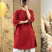 2025新中式女装夏装新款复古立领盘扣七分袖衬衫女棉麻中长款上衣