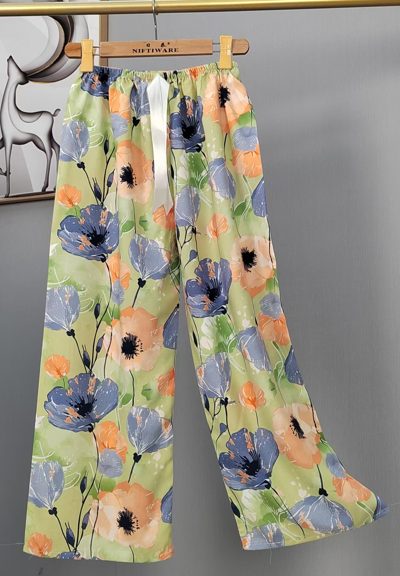 Pijama de seda de algodón para mujer, pantalones anchos de mujer embarazada de seda de algodón con estampado fino de verano