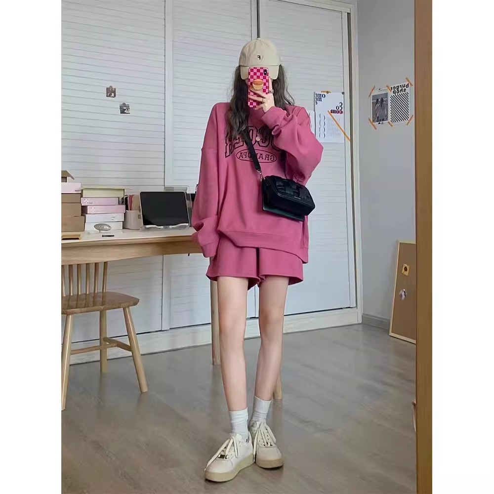 多巴胺运动套装女秋季学生大码宽松纯棉卫衣短裤穿搭休闲两件套潮