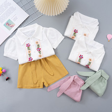 女童新款夏季刺绣小花衬衫套装女宝宝短袖上衣短裤可爱甜美两件套