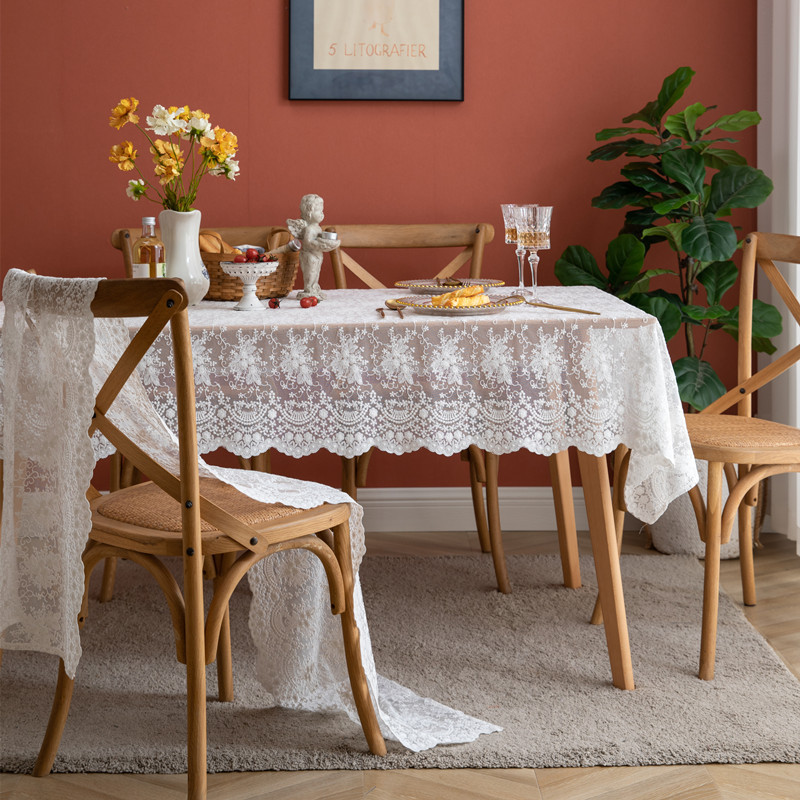 Rectangular White Lace Tablecloth French Romantic Wedding Decor_voghion.com