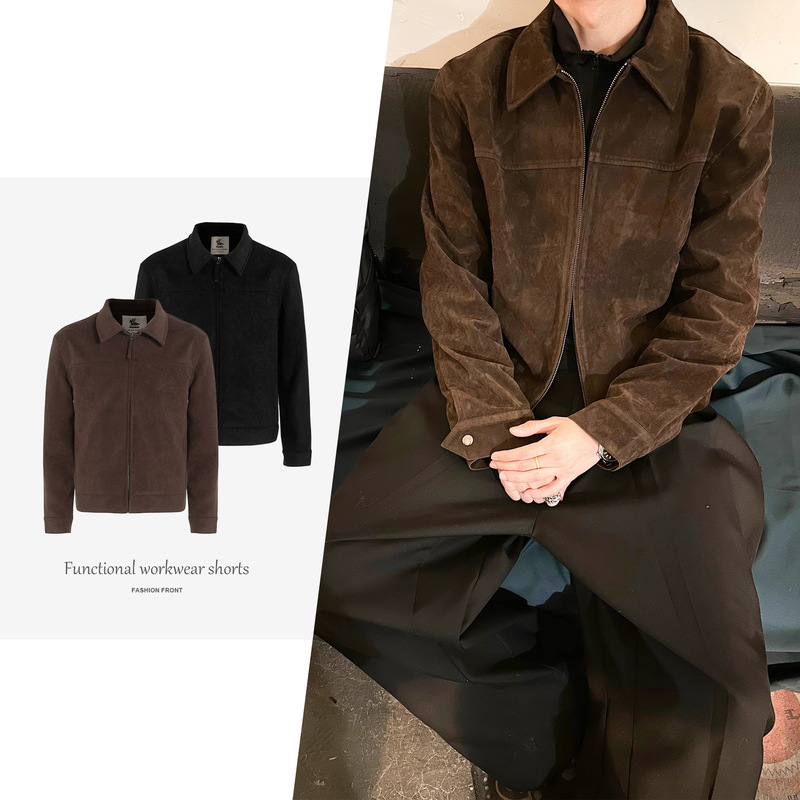 【Csmy】Intent Barn Jacket Dark Brown Faux Suede Vintage Turn-Down Collar Suede Shoulder-Fitted Coat for Men and Women