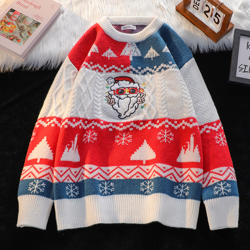 Suéter de Navidad para hombres y mujeres, diseño suelto, Santa Claus flocado, tendencia de gran tamaño, camiseta de punto de pareja de industria pesada.