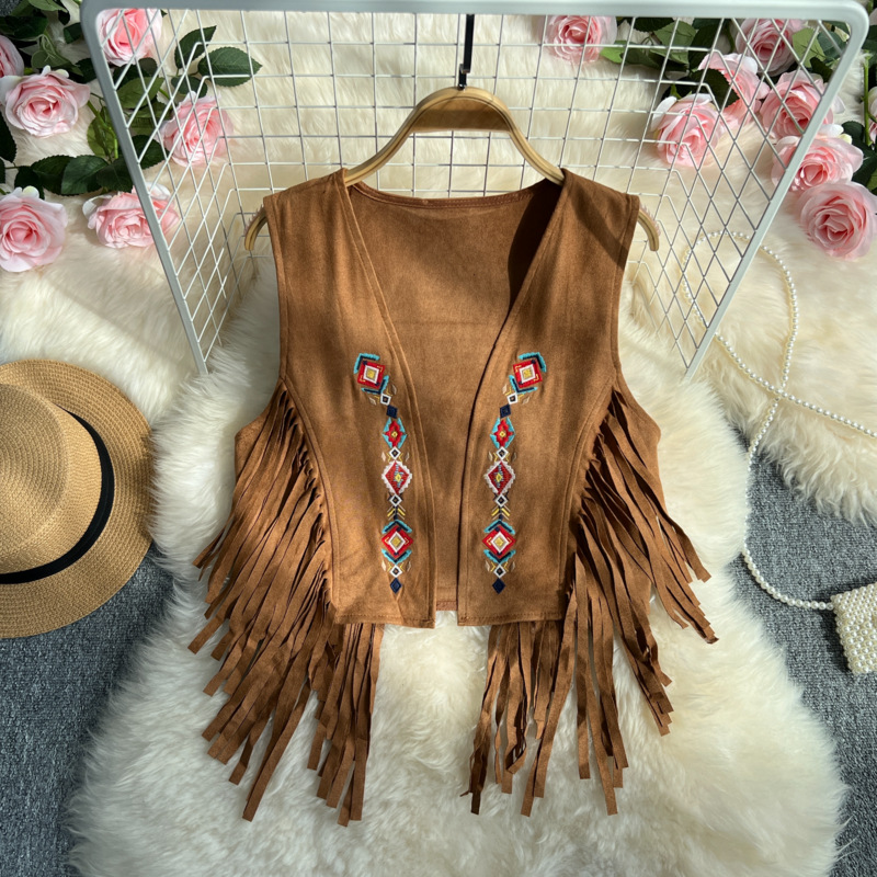 Retro bohemian style vest women's summer tassel embroidery design sense niche chic light luxury top fashion