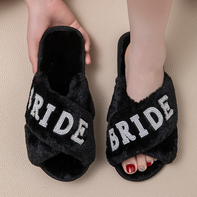 Bride Ido Mrs Pearl Letter Bridal Plush Slippers Party Gift European and American Cross-Border Popular Plush Slippers