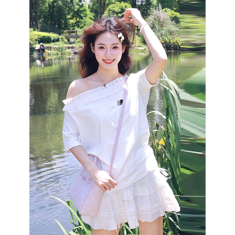 Pure Cotton Ribbed Short-Sleeve Versatile Cute T-Shirt Summer 2026 New Trendy Ruffled Edge Off-Shoulder Asymmetrical Neck Top Women's Clothing Pure Cotton Ribbed Short-Sleeve Versatile Cute T-Shirt Summer 2026 New Trendy Ruffled Edge Off-Shoulder Asymmetrical Neck Top Women's Clothing