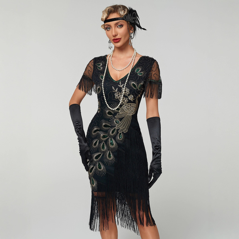 1920S Vintage Sequin Dress Gatsby Ball Gown Tassel Dress Party Banquet Dance Dress Beaded Cocktail Dress