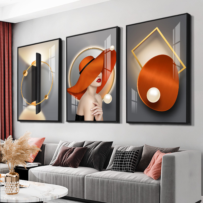 Living Room Decorative Painting Sofa Background Wall Hanging Painting Abstract Beauty Characters Modern Simple Creative Wall Painting Triple Mural