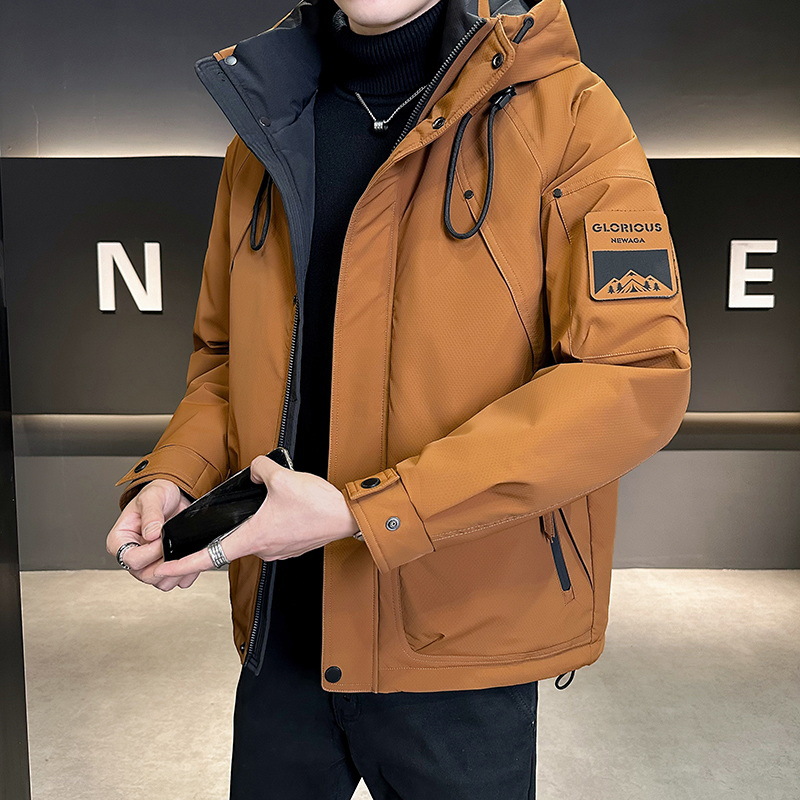 고급 신상 중공업 후드 작업복 다운 재킷 남성 트렌디하고 멋진 90% 화이트 덕다운 패션 코트 남성복