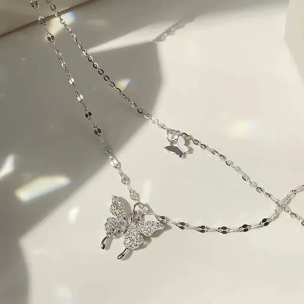 Ins Cold Style Butterfly Double Layer Necklace Does Not Fade, Trendy Clavicle Chain, Elegant Stacking Necklace, Popular Versatile Women's Model