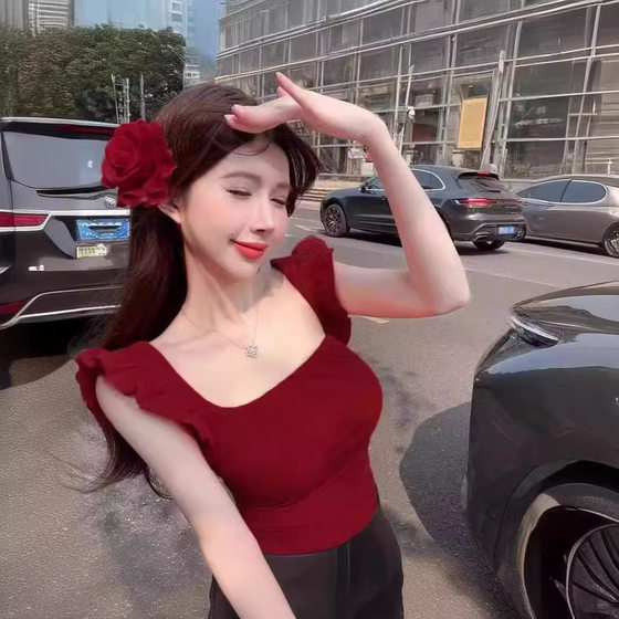 wine red Square Collar Small Flying Sleeve Slim-fit Slim T-shirt 2025 Summer New French Spice Girls Niche Women's Fashion