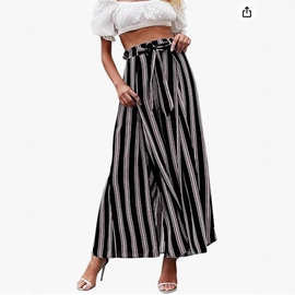 亚马逊跨境外贸2025春季新款女式优雅条纹开叉高腰腰带飘逸阔腿裤