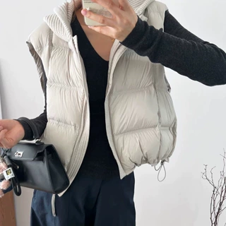 韩版针织连帽羽绒棉马甲女保暖外穿马夹加厚泡芙轻薄小个子外套潮