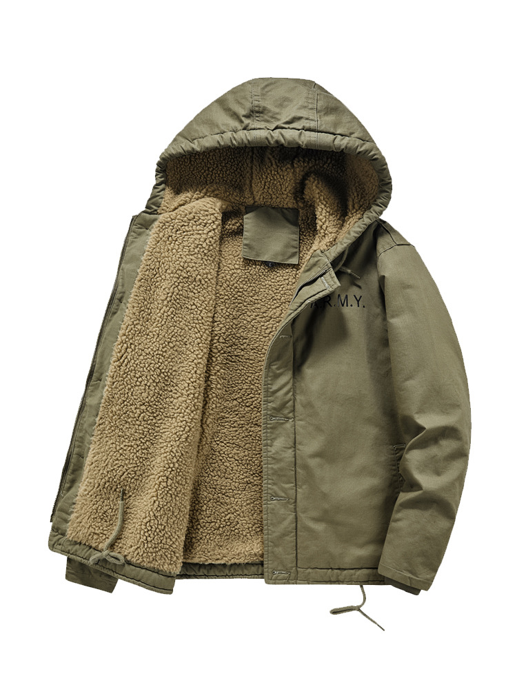 Abrigo de invierno para hombre al aire libre casual a prueba de viento con capucha superior suelta transfronteriza forrada de lana engrosada chaqueta de trabajo para hombres