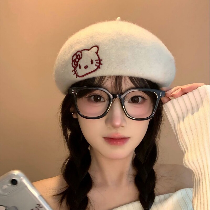 2025新款可爱kitty猫毛呢贝雷帽女秋冬甜美百搭显脸小帽子画家帽|undefined