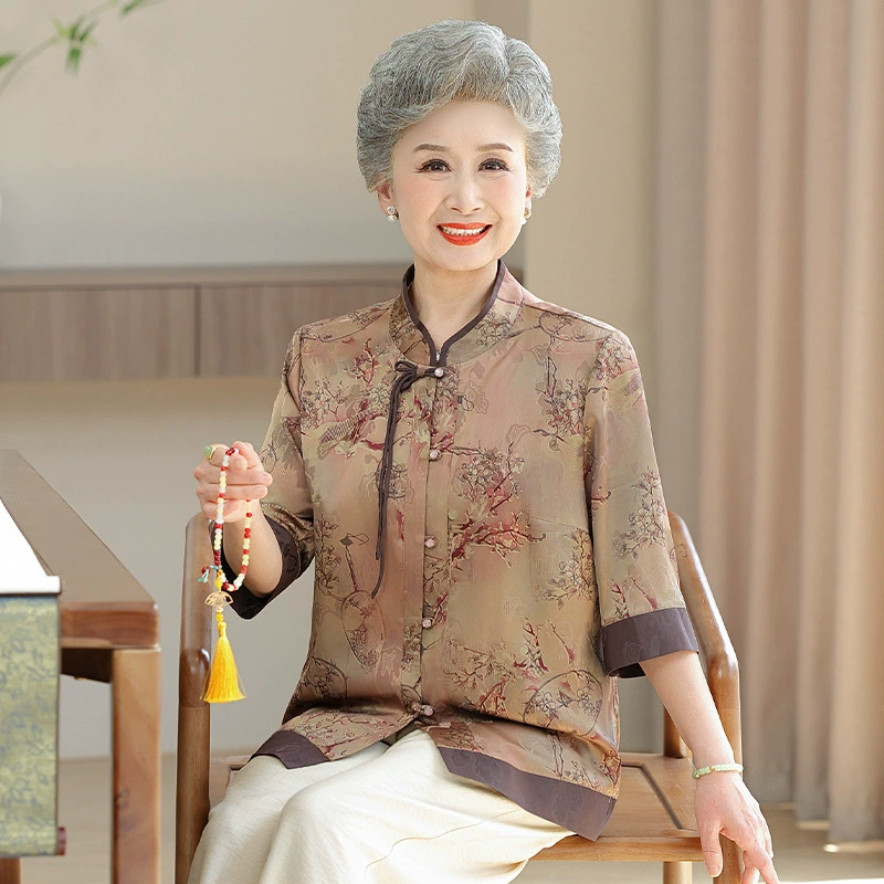 Летняя рубашка для пожилых женщин с половинным рукавом в китайском стиле пожилая одежда мама рубашка бабушка летняя рубашка набор из двух частей