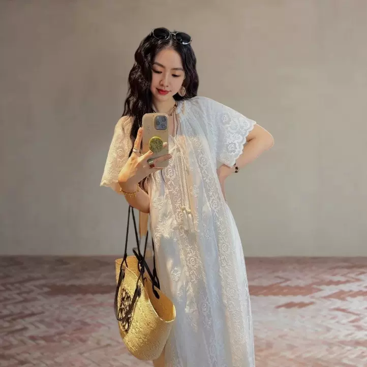 连衣裙夏长款气质高级感 重工刺绣流苏度假白色长裙C0228